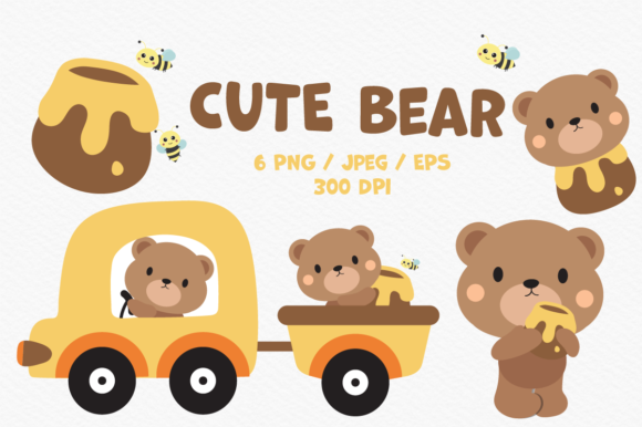 Cute Bear and Car Clipart Graphic Illustrations By Nidnan.Art
