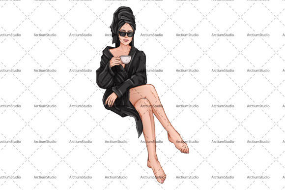 Brunette Girl with Coffee in Black Robe Illustration Objets Graphiques de Haute Qualité Par arctiumstudio