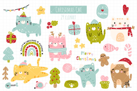 Christmas Cat Clipart Grafik Druckbare Illustrationen Von ArvinDesigns
