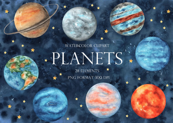 Planets Watercolor Clipart. Solar System Graphic Illustrations By sabina.zhukovets