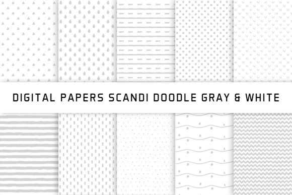 Scandi Doodle Gray & White Digital Paper Graphic Patterns By Creative Tacos