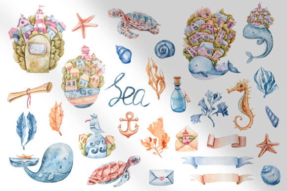 Watercolor Nautical Sea Animals Clipart Graphic Illustrations By Tiana Geo