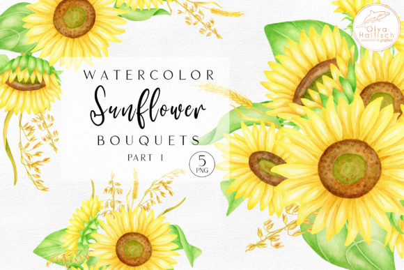 Watercolor Sunflower Bouquets PNG Set Graphic Illustrations By Olya Haifisch