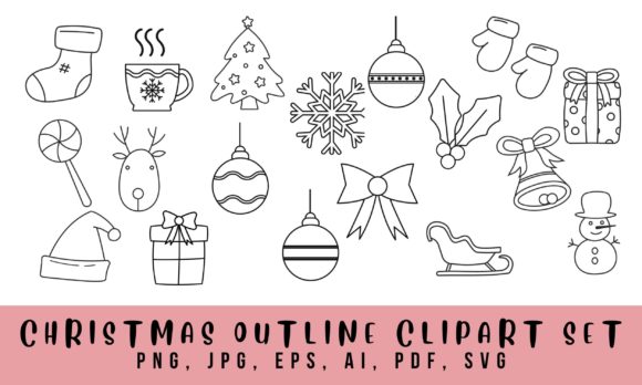 Christmas Elements Outline Clipart Set Graphic Illustrations By Paper Clouds Studio
