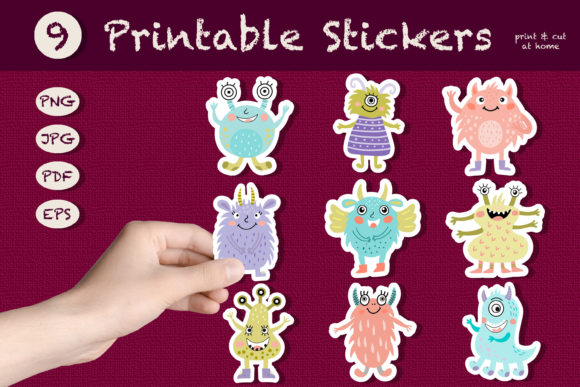 Monsters Stickers. Printable Stickers Grafik Druckbare Illustrationen Von rinaletters