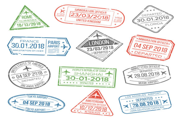 Travel Cachet Passport Signs or Airport Stamps Gráfico Ilustrações para Impressão Por tartila.stock