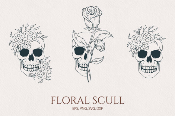 Hand Drawn Floral Skull Set Illustration Illustrations Imprimables Par Kirill's Workshop
