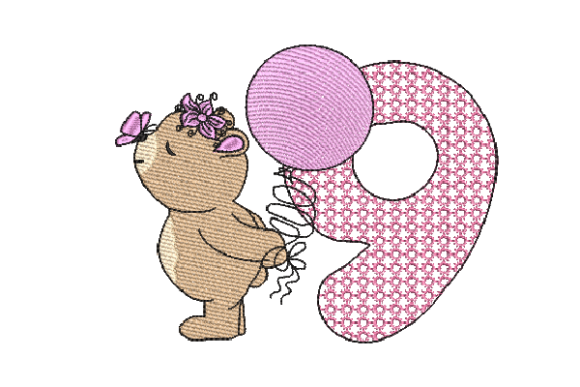 Number 9 Cute Teddy Birthdays Embroidery Design By sketch2stitch