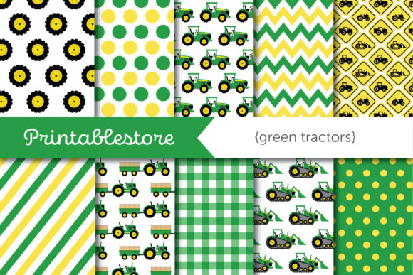 Green Tractor Digital Paper Set Graphic Patterns By Printablestore
