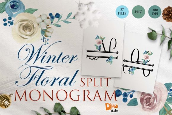Split Monogram Winter Floral Set 3 Graphic Illustrations By dmletter31