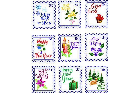 9 New Year Stamps Graphic Illustrations By arts4busykids