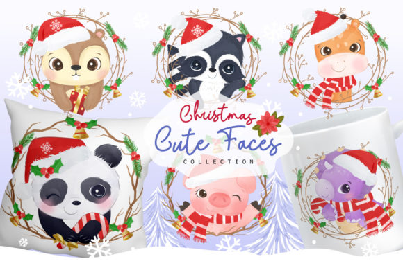 Christmas Cute Faces Clipart Set Grafik Druckbare Illustrationen Von DrawStudio1988