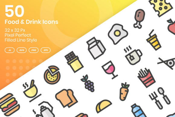 50 Food & Drink Icons - Filled Line Graphic Icons By kmgdesignid