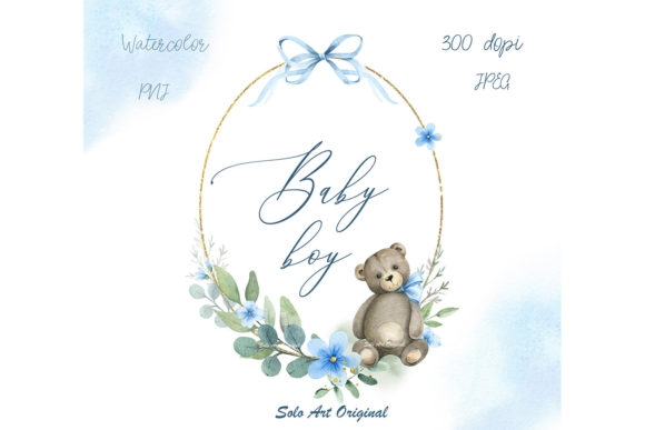 Baby Boy Shower Gold Frame Little Bear Graphic Illustrations By Solo Art Original