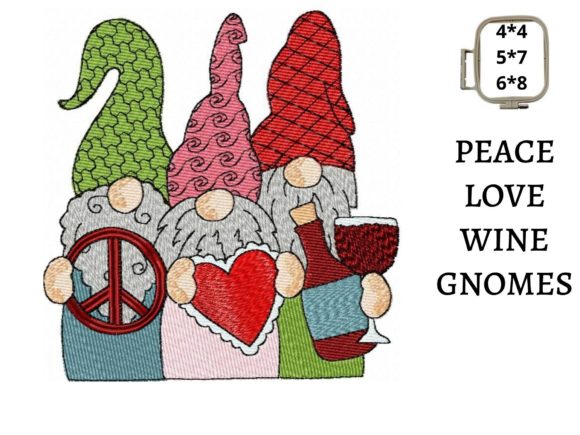 Peace Love Wine Valentine Gnomes Valentine's Day Embroidery Design By LaceArtDesigns
