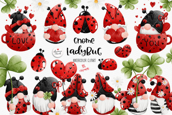 Gnome Ladybug Clipart, Gnome Valentines Graphic Illustrations By Chonnieartwork