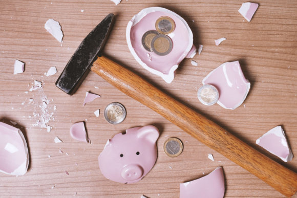 Broken Piggy Bank Smashed into Pieces with Hammer Graphic Abstract By axel.bueckert