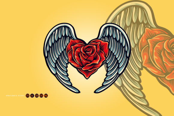 Angel Wings with Rose Heart Symbol Graphic Illustrations By artgrarisstudio