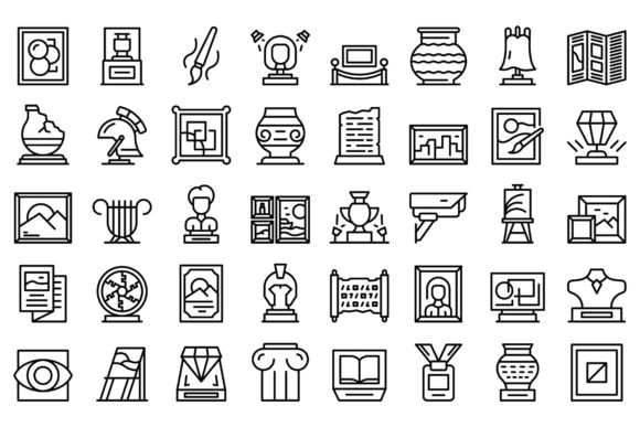 Art Gallery Icons Set Outline Vector. Graphic Icons By ylivdesign