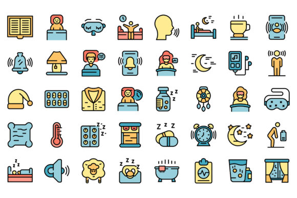 Sleep Problems Icons Set Line Color Graphic Icons By ylivdesign