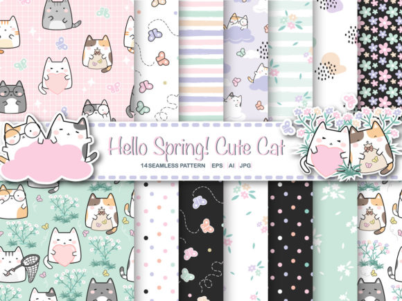 Digital Paper Pack HELLO SPRING Cats Graphic Patterns By lindoet23