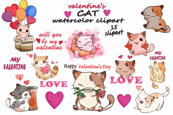 Valentine's Cat, Cat Clipart Gráfico Ilustraciones Imprimibles Por Doodleism