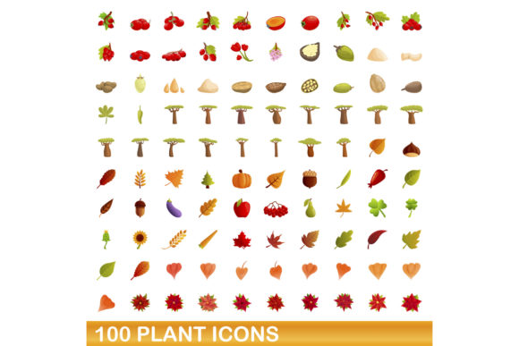 100 Plant Icons Set, Cartoon Style Graphic Icons By nsit0108