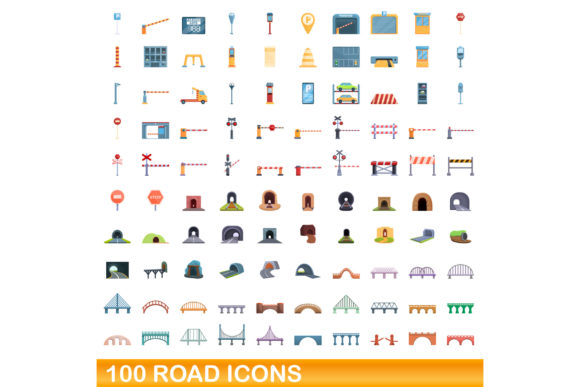 100 Road Icons Set, Cartoon Style Graphic Icons By nsit0108