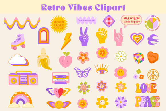 Retro Clipart Groovy Style 90's Graphic Illustrations By NassyArt