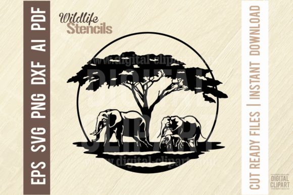 Elephants - Wildlife Stencil - Cut SVG Gráfico Ilustraciones Imprimibles Por SignReadyDClipart