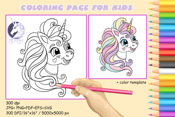 Cute and Funny Unicorn Portrait Coloring Graphic Coloring Pages & Books Kids By Alinart