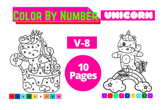 Color by Number Unicorn 10 Pages V-8 Afbeelding Kleurplaten & Kleurboeken voor Kinderen Door SJstore
