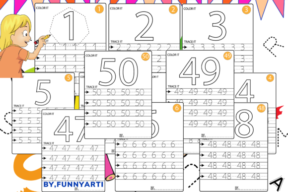 Numbers Tracing for Preschoolers 1-50 Graphic K By Funnyarti