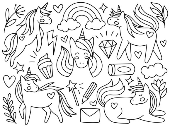 Unicorn Doodle Line Art Collection Gráfico Ilustraciones Imprimibles Por PurMoon