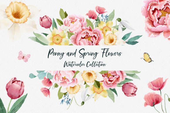 Watercolor Peony and Spring Flowers Graphic Illustrations By kritkongjundee