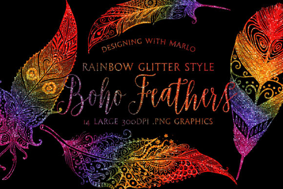 Rainbow Glitter Boho Feather Graphics Graphic Illustrations By Designing with Marlo