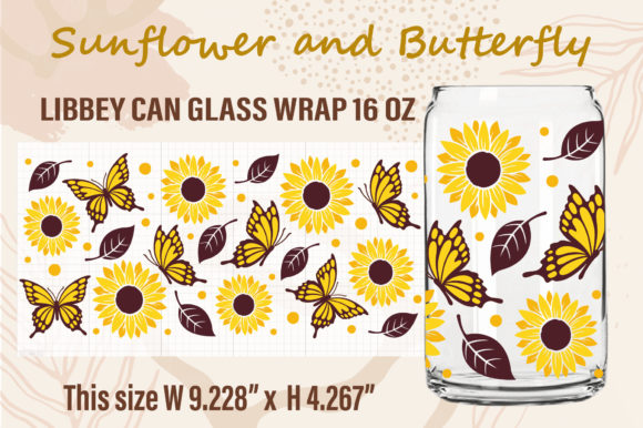 Sunflower and Butterfly Can Glass Wrap Graphic Illustrations By Mayano