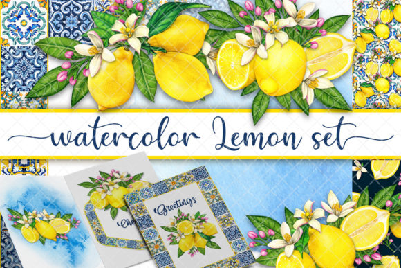 Watercolor Mediterranean Lemon Set Illustration Illustrations Imprimables Par angelazanin