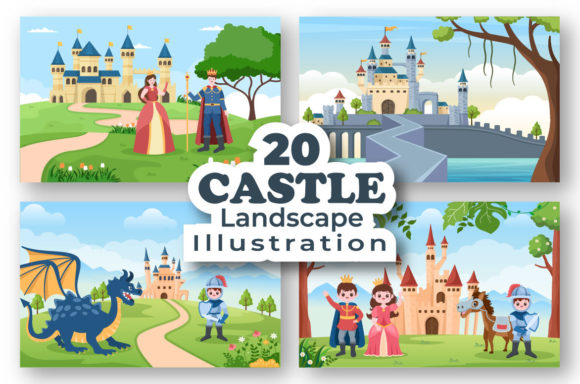 20 Castle with Prince and Queen Cartoon Grafik Druckbare Illustrationen Von denayunecf