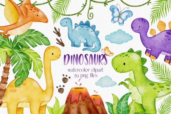 Dinosaurs Watercolor Clipart Gráfico Ilustraciones Imprimibles Por LuiDesignStudio