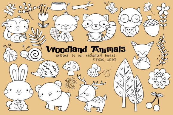 Black and White Coloring Woodland Animal Graphic Illustrations By Inkley Studio
