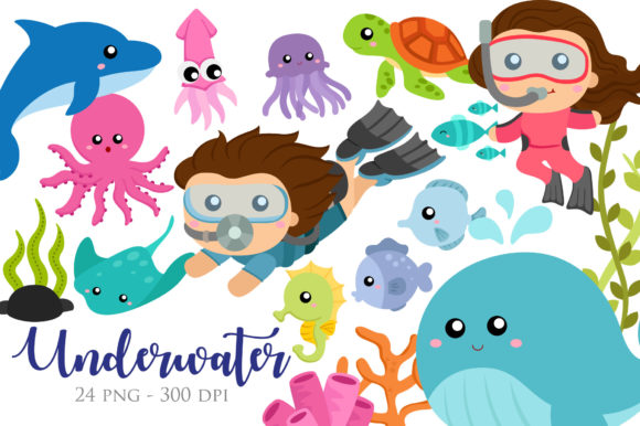 Kids and Underwater Creatures Gráfico Ilustraciones Imprimibles Por Peekadillie