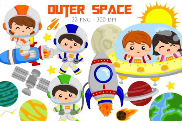 Outer Space with Kids Cartoon Gráfico Ilustrações para Impressão Por Peekadillie