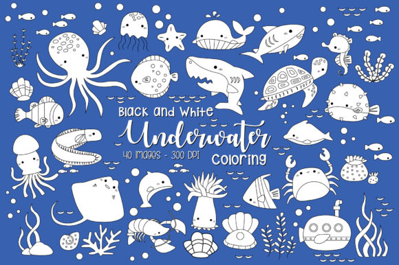 Black and White Coloring Underwater Graphic Illustrations By Inkley Studio