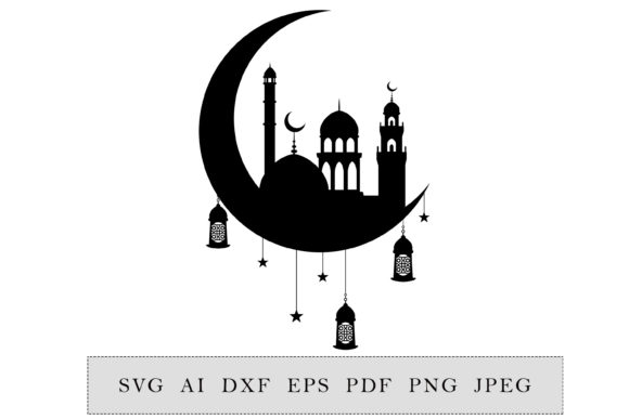 Muslim Crescent with Mosque and Lantern Graphic Illustrations By BelousovaEsha