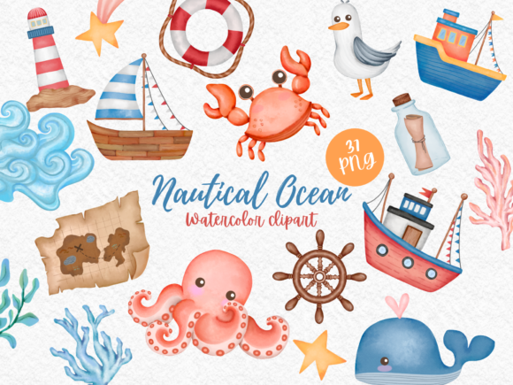 Nautical Ocean Elements Watercolor Gráfico Ilustraciones Imprimibles Por Akiravilla