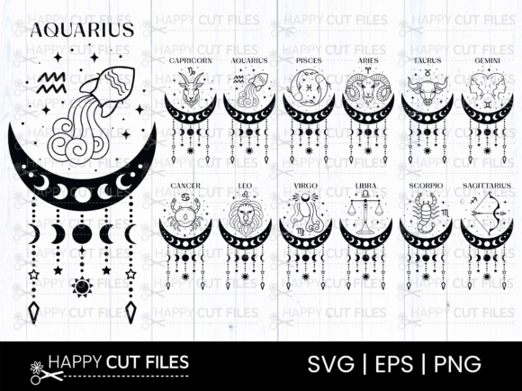 Zodiac Signs Svg , Celestail , Moon Grafik Druckbare Illustrationen Von happycutfiles