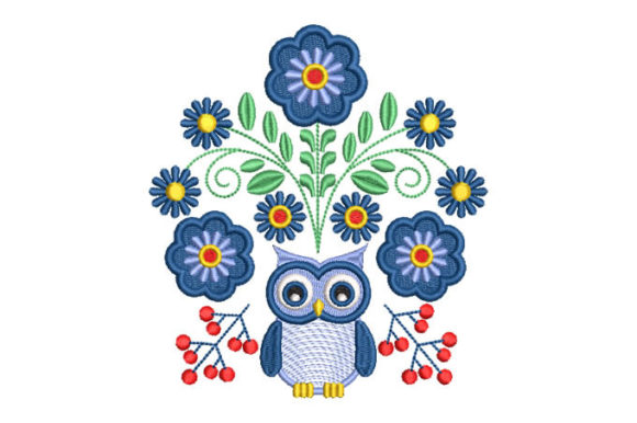 Blue Owl with Colorful Flowers Floral & Garden Embroidery Design By Embroiderypacks