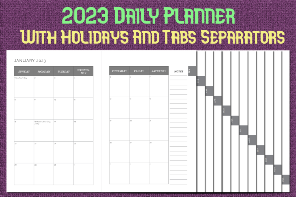 2023 Planner with Holidays and Tabs Illustration Intérieurs KDP Par Mary's Designs