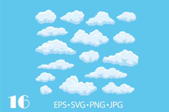 Cartoon White Clouds in Blue Sky Afbeelding Afdrukbare Illustraties Door frogella.stock